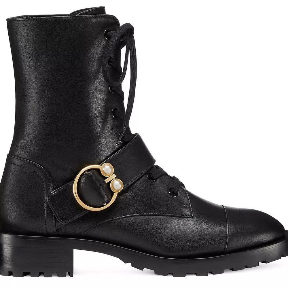 Stuart Weitzman Pearlring Leather Ankle Combat Bootie Black
